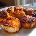 Close-up of perfectly seared Curry Rubbed Pan Seared Scallops with a deep, caramelized crust on a white plate.