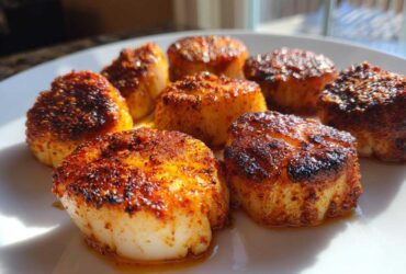 Close-up of perfectly seared Curry Rubbed Pan Seared Scallops with a deep, caramelized crust on a white plate.