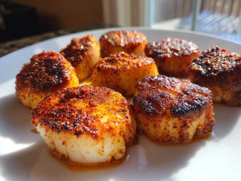 Close-up of perfectly seared Curry Rubbed Pan Seared Scallops with a deep, caramelized crust on a white plate.