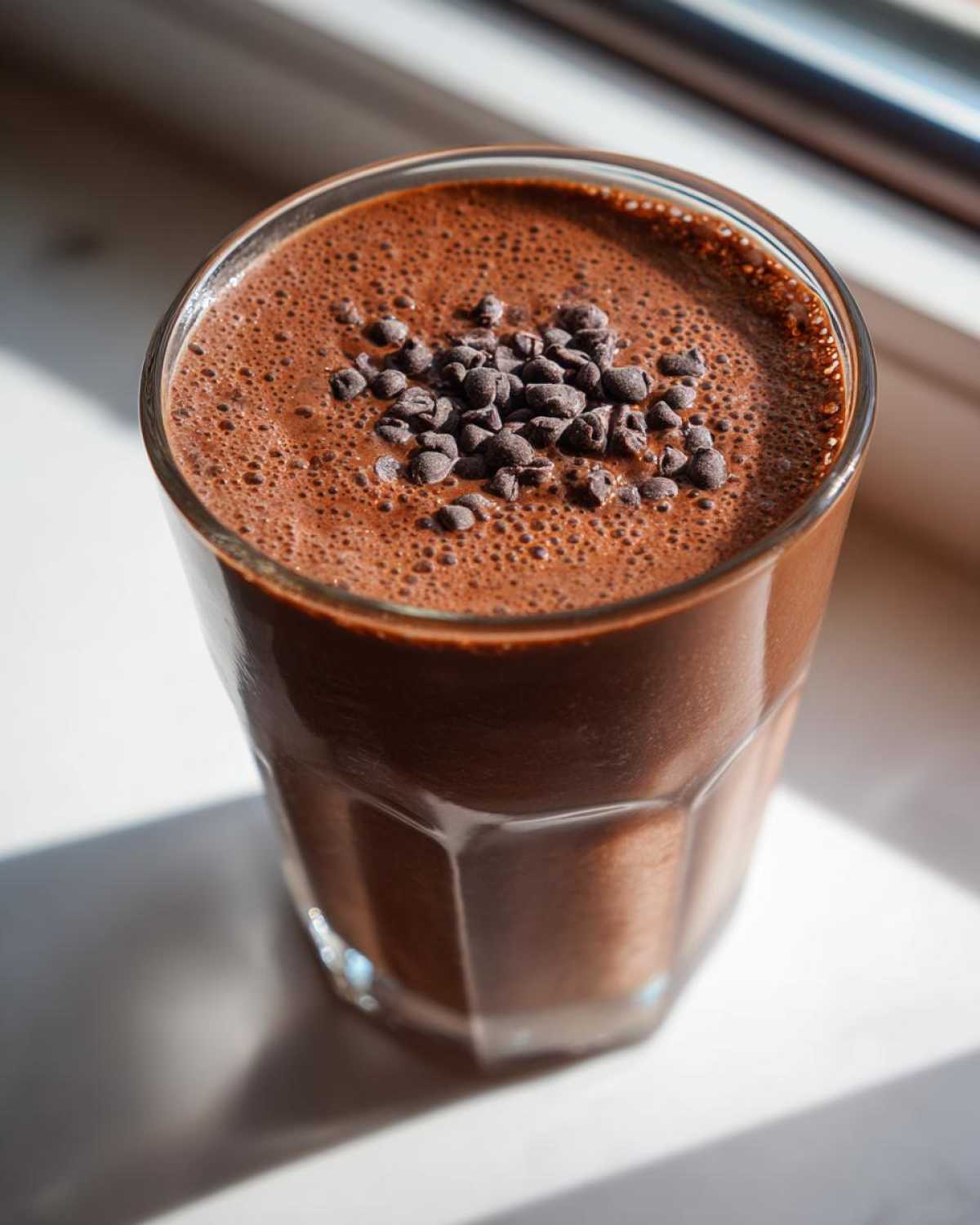 Close-up of a rich Dark Chocolate Mint Breakfast Smoothie topped with mini chocolate chips.