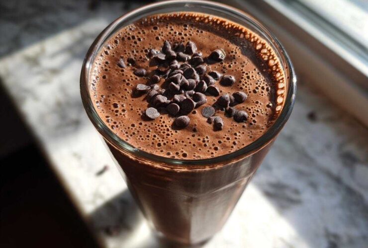 Overhead view of a rich Dark Chocolate Mint Breakfast Smoothie topped with mini chocolate chips.