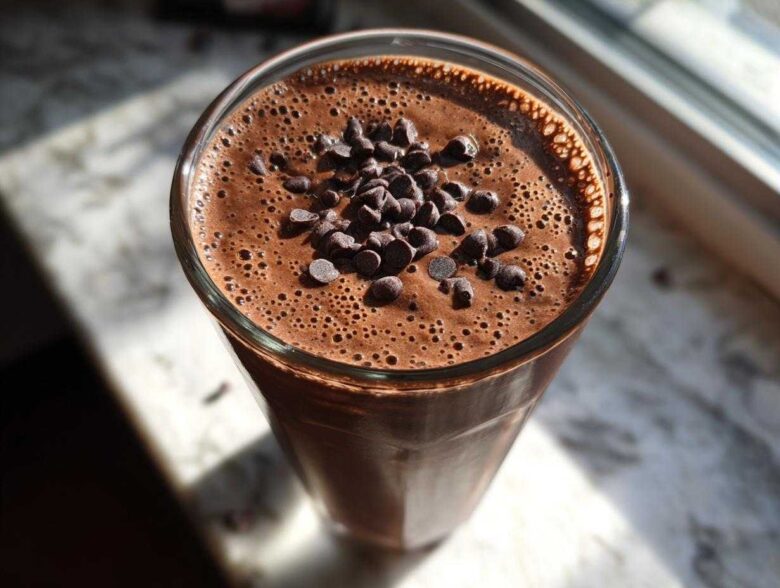 Overhead view of a rich Dark Chocolate Mint Breakfast Smoothie topped with mini chocolate chips.