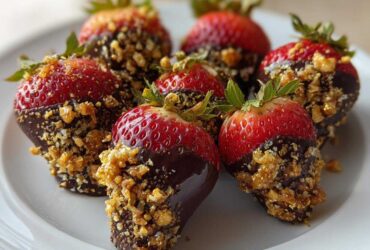 Close-up of several Dark Chocolate Toffee Crusted Strawberries dipped in dark chocolate and covered in crunchy toffee bits.