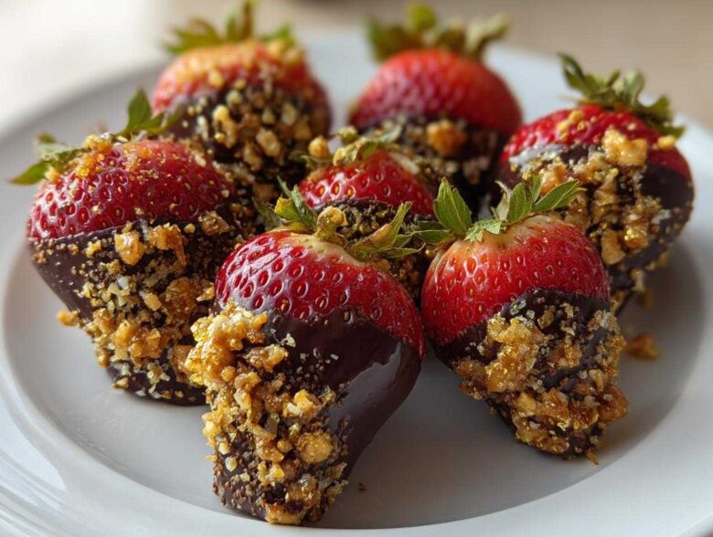 Close-up of several Dark Chocolate Toffee Crusted Strawberries dipped in dark chocolate and covered in crunchy toffee bits.