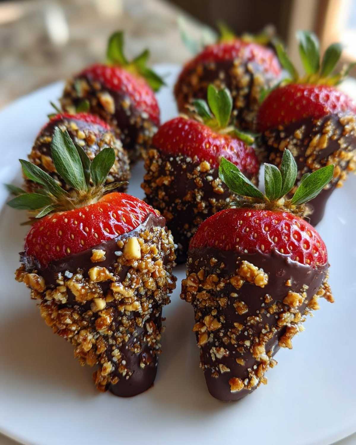 Close-up of fresh strawberries dipped in dark chocolate and coated with crunchy toffee bits, making Dark Chocolate Toffee Crusted Strawberries.