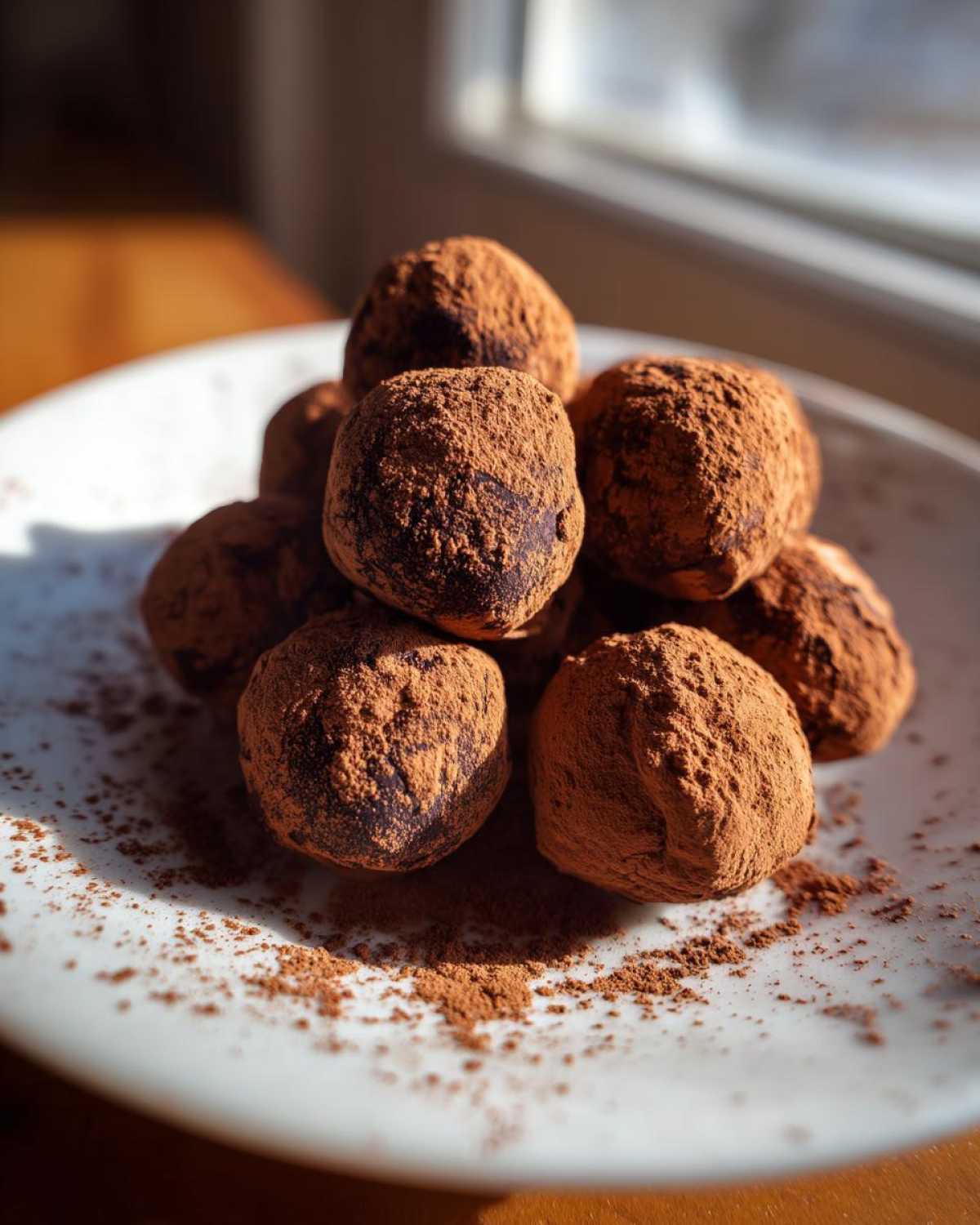 A pile of rich Date and Almond Chocolate Truffles heavily dusted with cocoa powder on a white plate.