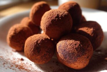 Close-up of several rich Date and Almond Chocolate Truffles heavily dusted with cocoa powder on a white plate.