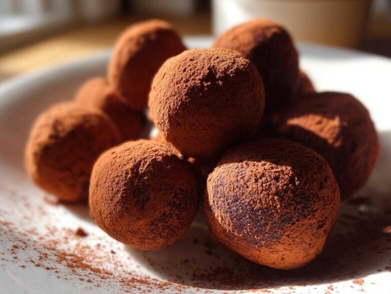 Close-up of several rich Date and Almond Chocolate Truffles heavily dusted with cocoa powder on a white plate.