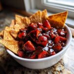 Close-up of rich Dessert Chocolate Strawberry Salsa served in a white bowl with cinnamon chips.