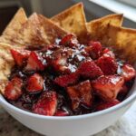 A white bowl filled with rich Dessert Chocolate Strawberry Salsa and surrounded by cinnamon chips.