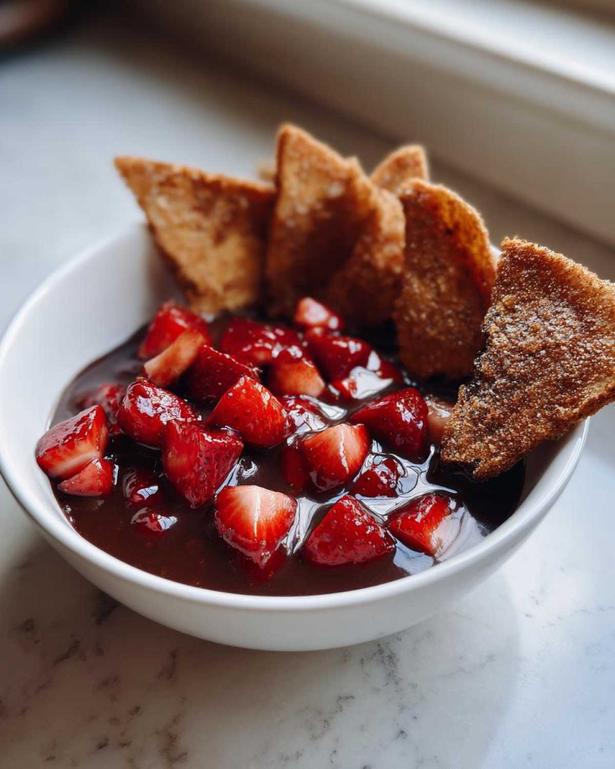 A white bowl filled with Dessert Chocolate Strawberry Salsa and cinnamon chips for dipping.