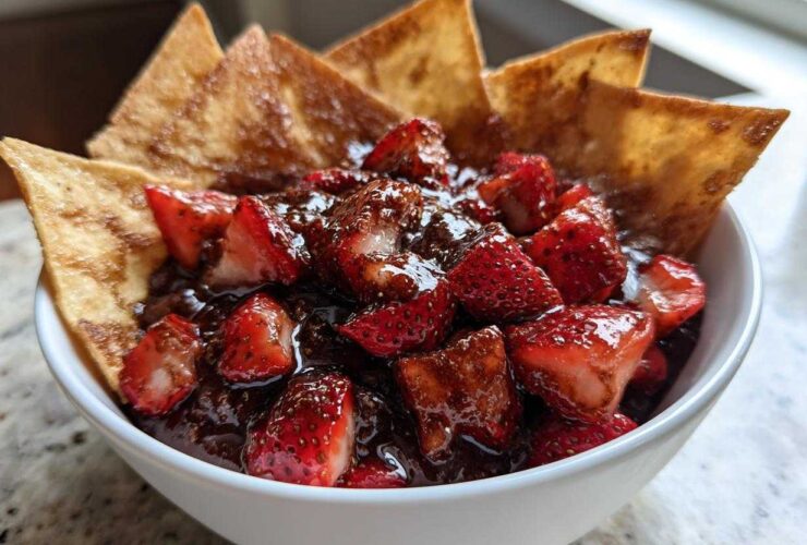 A white bowl filled with rich Dessert Chocolate Strawberry Salsa and surrounded by cinnamon chips.