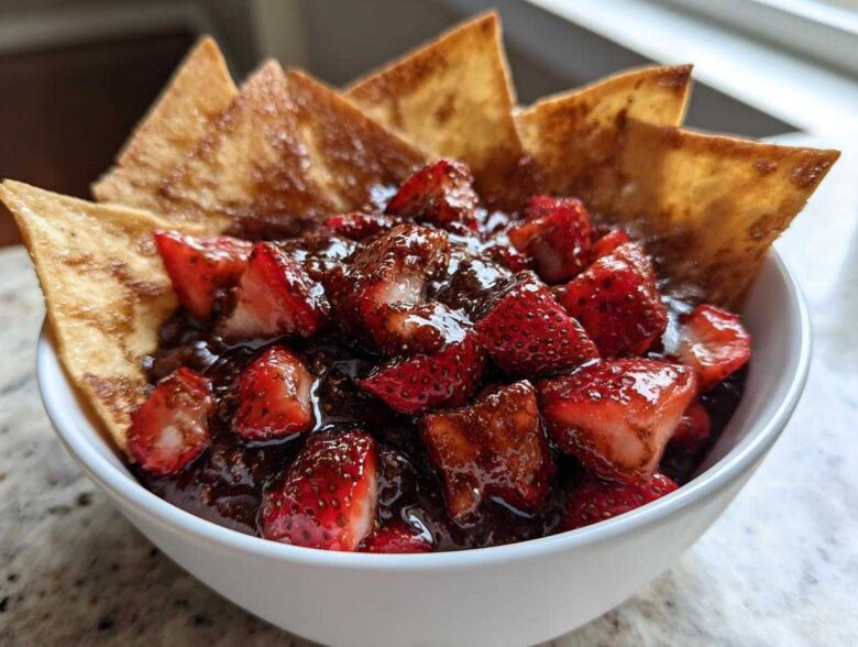 A white bowl filled with rich Dessert Chocolate Strawberry Salsa and surrounded by cinnamon chips.