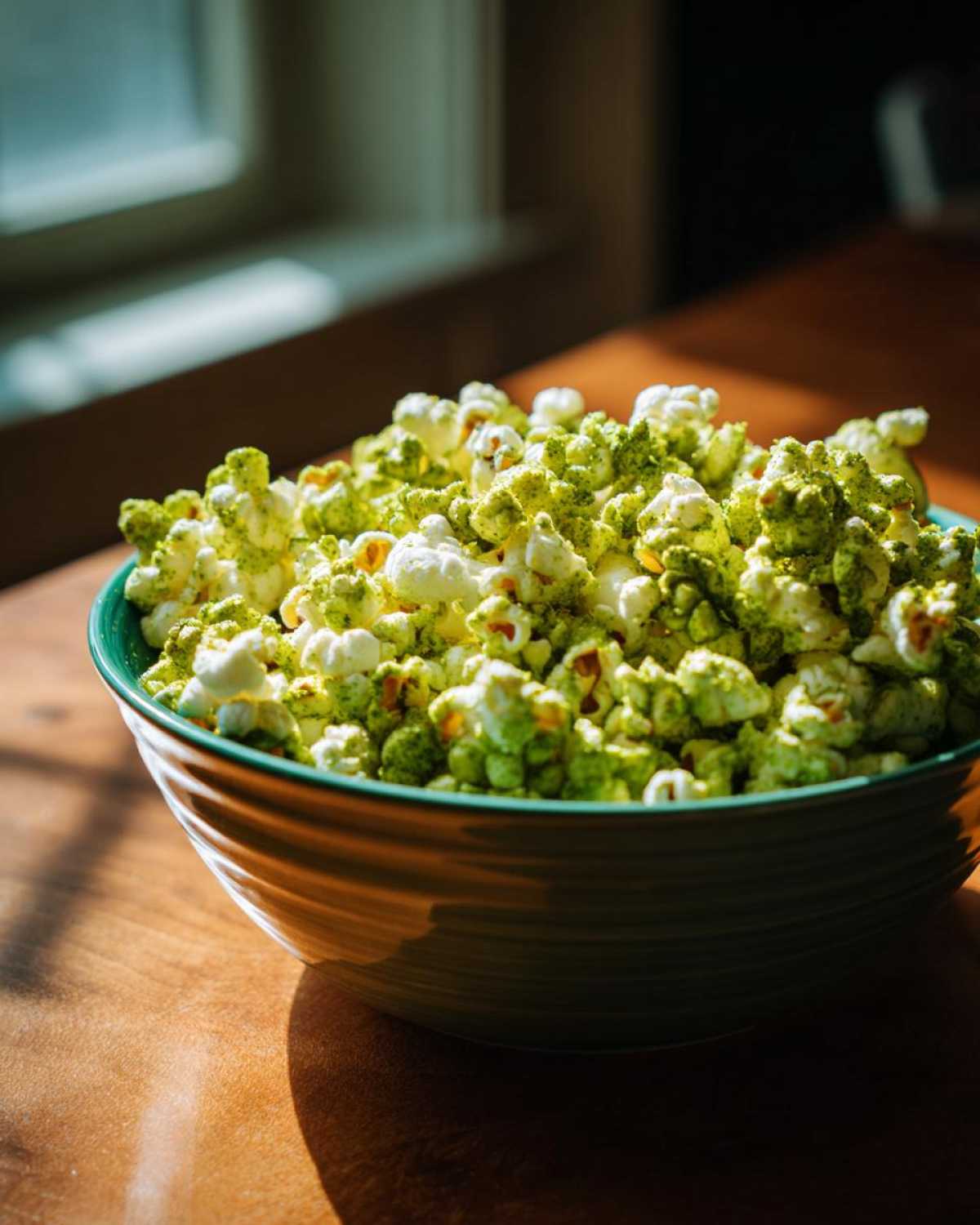 A close-up of a green bowl filled with fluffy popcorn heavily coated in green Dill Pickle Seasoned Popcorn powder.