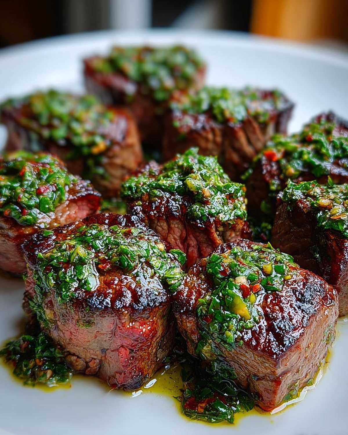 Close-up of seared Filet Mignon Bites topped generously with bright green chimichurri sauce on a white plate.