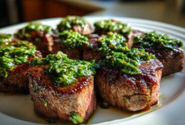 Close-up of seared Filet Mignon Bites topped generously with bright green chimichurri sauce on a white plate.