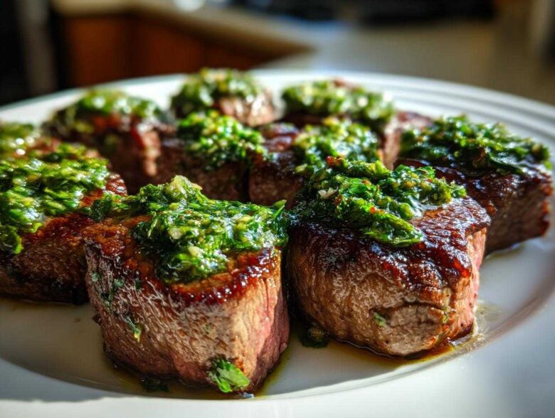 Close-up of seared Filet Mignon Bites topped generously with bright green chimichurri sauce on a white plate.