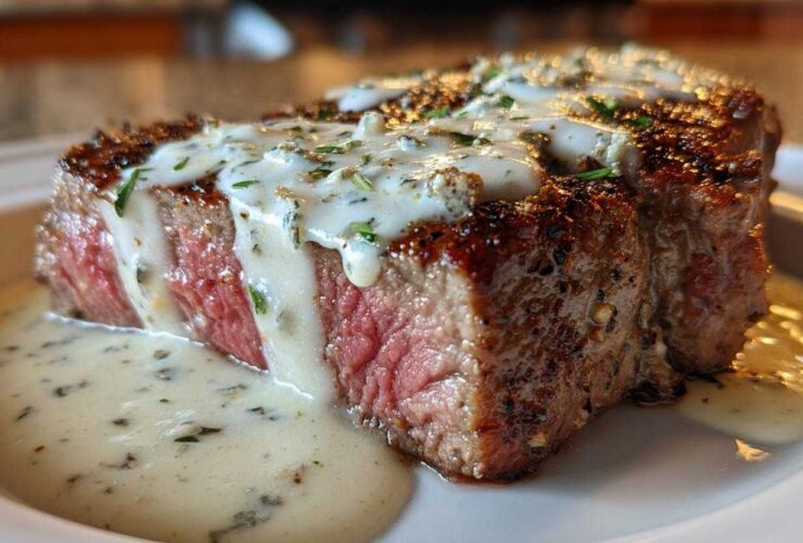 A perfectly cooked medium-rare Filet Mignon with Gorgonzola Cream Sauce generously poured over the top.