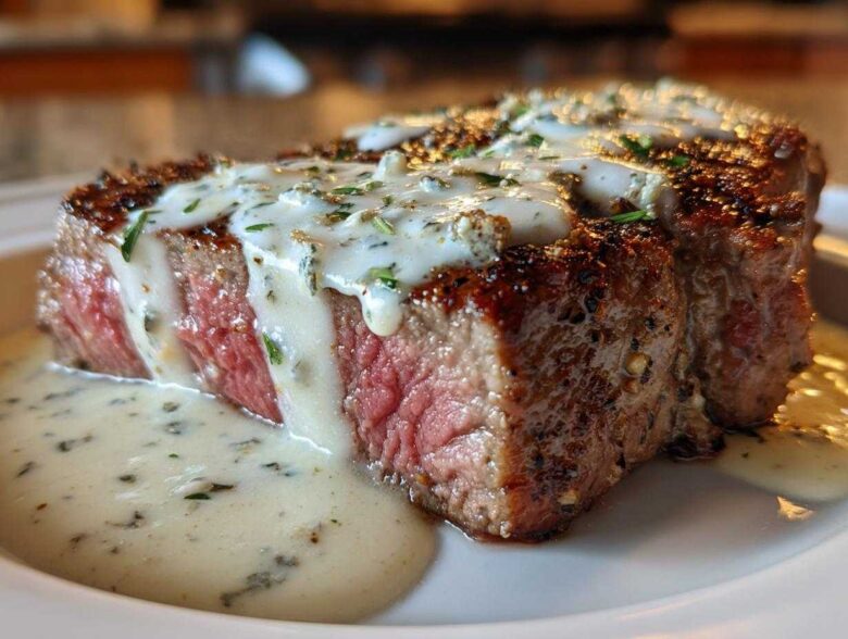 A perfectly cooked medium-rare Filet Mignon with Gorgonzola Cream Sauce generously poured over the top.