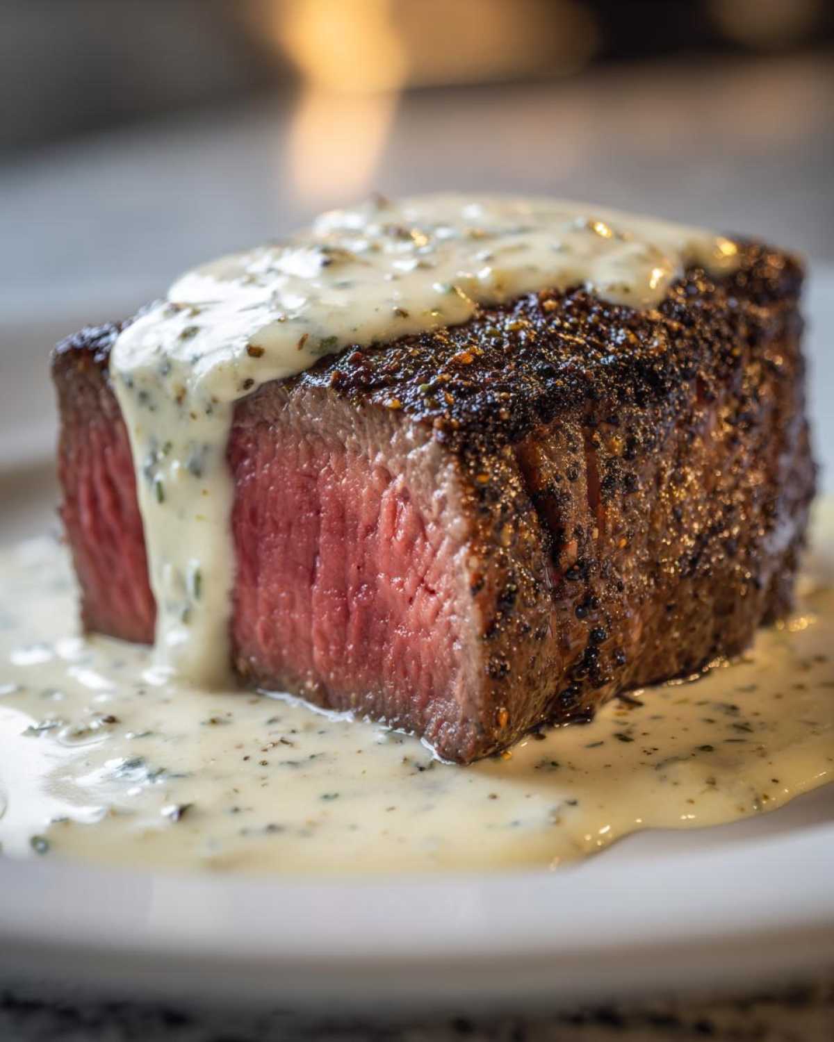 A perfectly cooked medium-rare Filet Mignon with Gorgonzola Cream Sauce poured over the top.