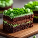 Cross-section of a rich Fudge Brownie Field Cake showing dark layers, chocolate filling, and bright green grass frosting.