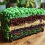 Cross-section of a Fudge Brownie Field Cake showing layers of dark chocolate cake, cream filling, and bright green grass frosting.