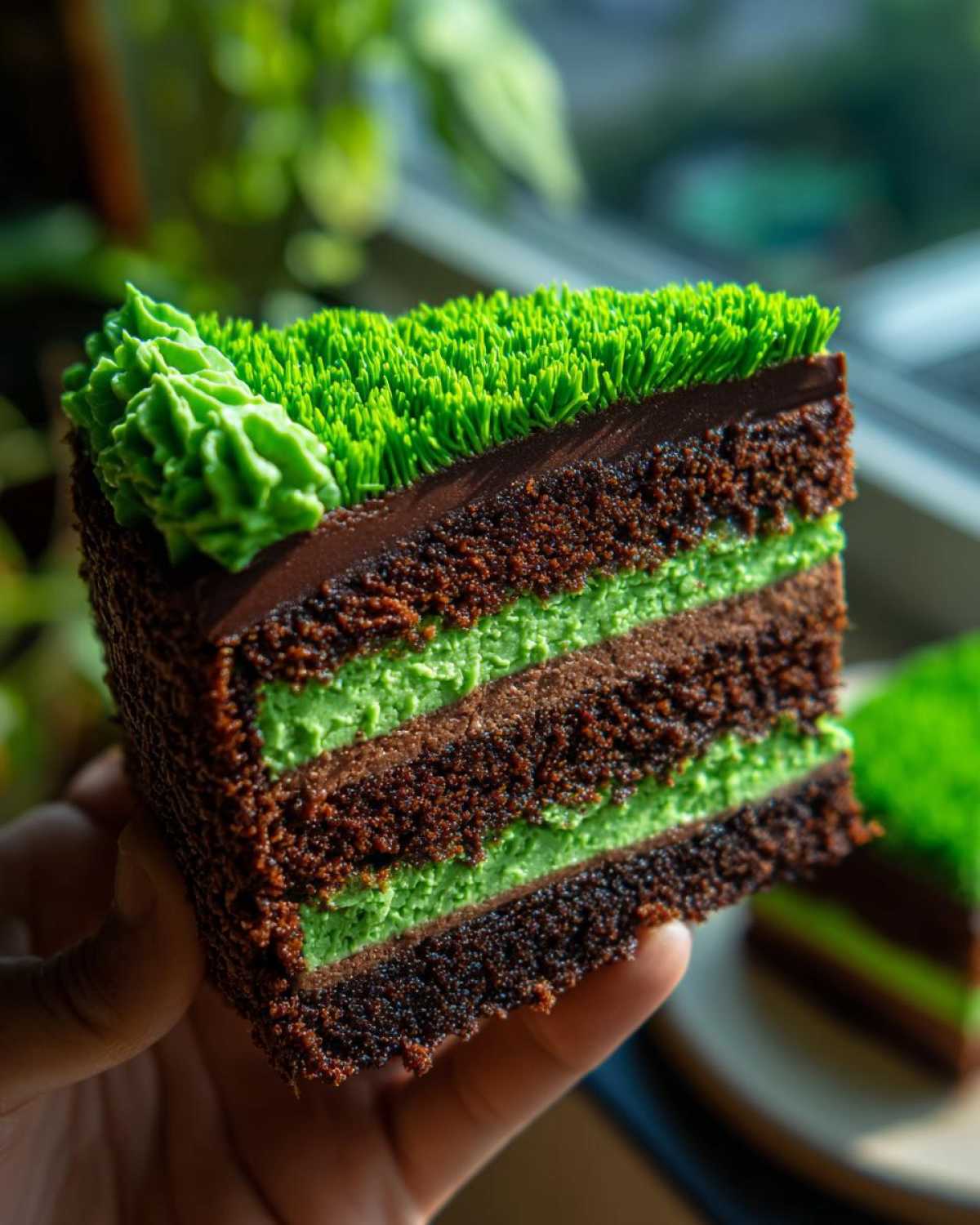 Close-up of a slice of Fudge Brownie Field Cake showing layers of dark chocolate cake and bright green filling, topped with grass frosting.