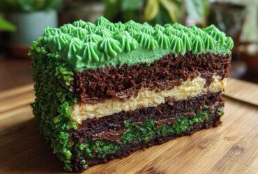 Cross-section of a Fudge Brownie Field Cake showing layers of dark chocolate cake, cream filling, and bright green grass frosting.