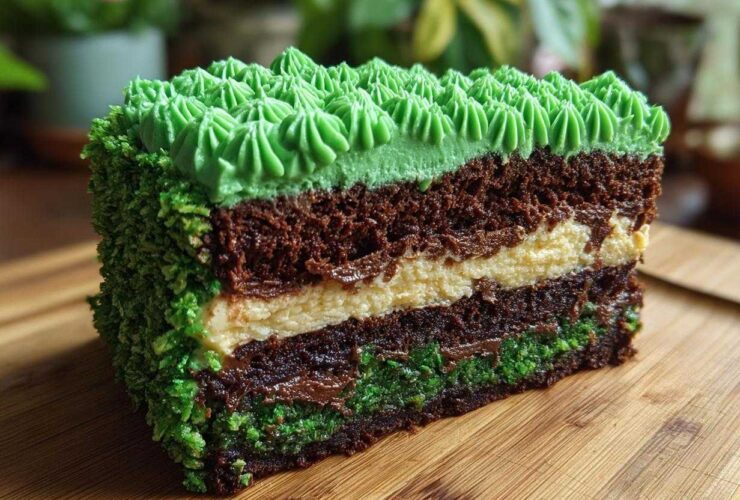 Cross-section of a Fudge Brownie Field Cake showing layers of dark chocolate cake, cream filling, and bright green grass frosting.