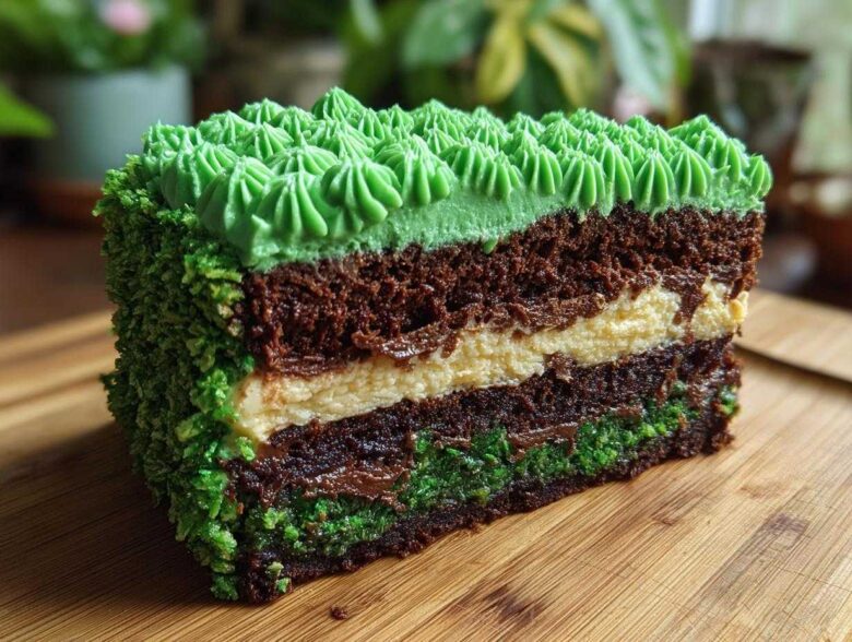 Cross-section of a Fudge Brownie Field Cake showing layers of dark chocolate cake, cream filling, and bright green grass frosting.