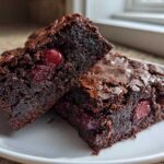 Close-up of two fudgy Dark Chocolate Cherry Brownies showing rich texture and whole cherries baked inside.