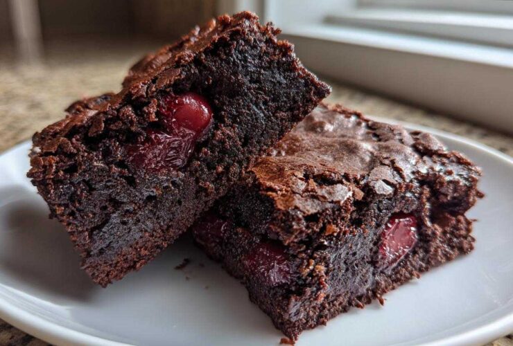 Close-up of two fudgy Dark Chocolate Cherry Brownies showing rich texture and whole cherries baked inside.