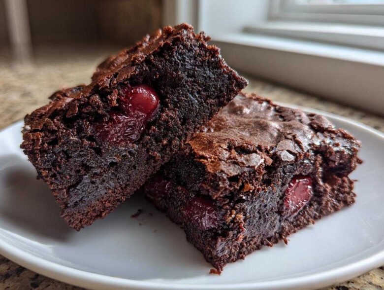 Close-up of two fudgy Dark Chocolate Cherry Brownies showing rich texture and whole cherries baked inside.