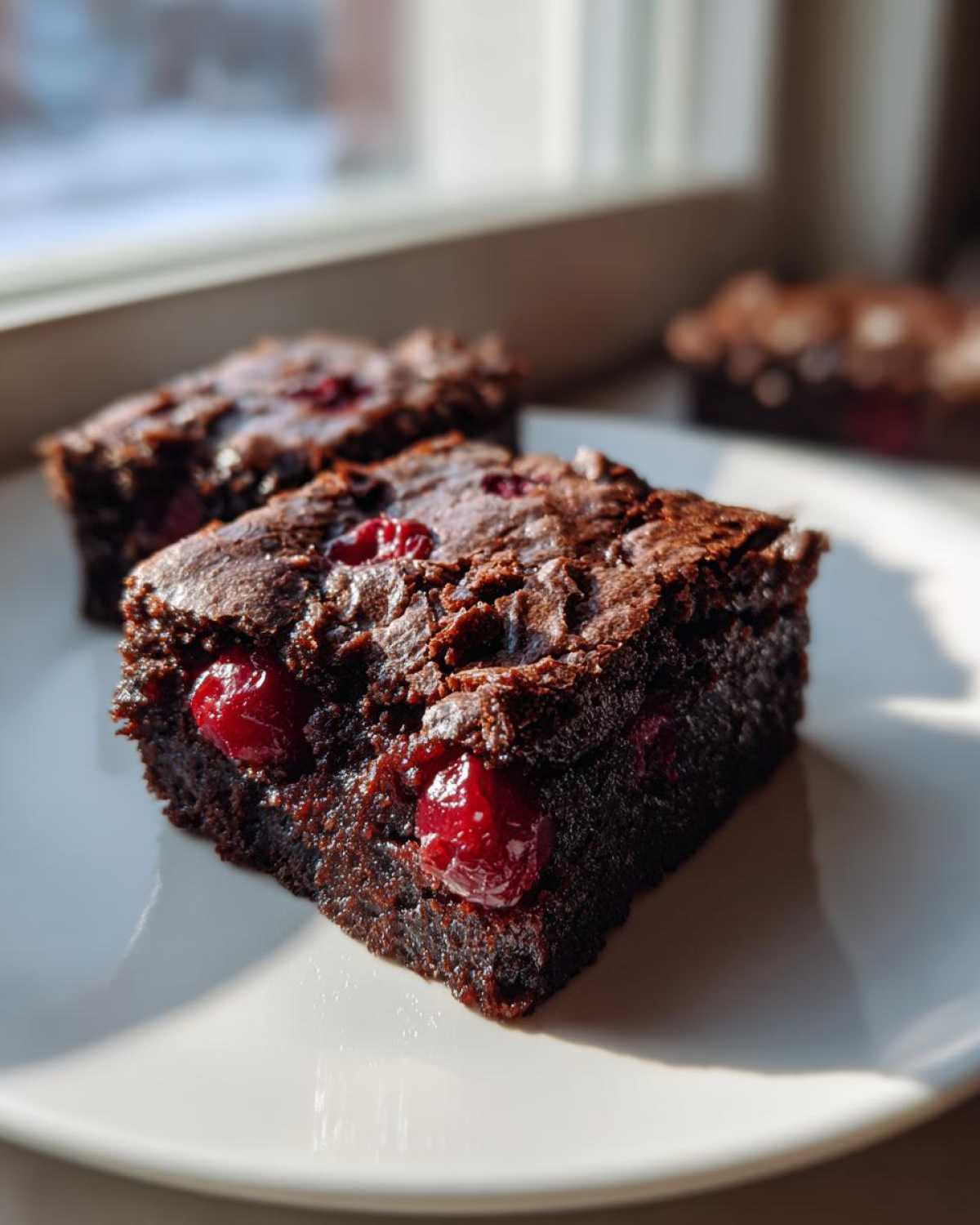 Close-up of a fudgy Dark Chocolate Cherry Brownies square with visible cherries on a white plate.