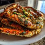 A plate piled high with cooked crab legs seasoned with a rich Garlic and Parsley Crab Leg Bake sauce.