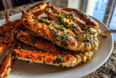 A plate piled high with cooked crab legs seasoned with a rich Garlic and Parsley Crab Leg Bake sauce.