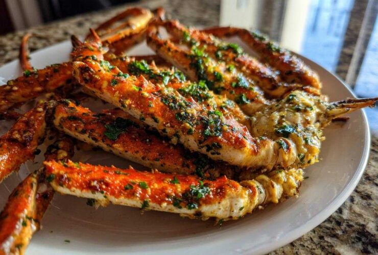 A plate piled high with cooked crab legs seasoned with a rich Garlic and Parsley Crab Leg Bake sauce.