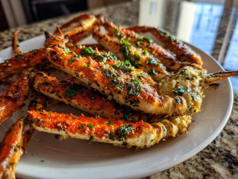 A plate piled high with cooked crab legs seasoned with a rich Garlic and Parsley Crab Leg Bake sauce.