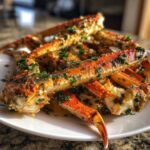 A pile of cooked crab legs generously coated in a savory garlic and parsley butter sauce, ready to eat.