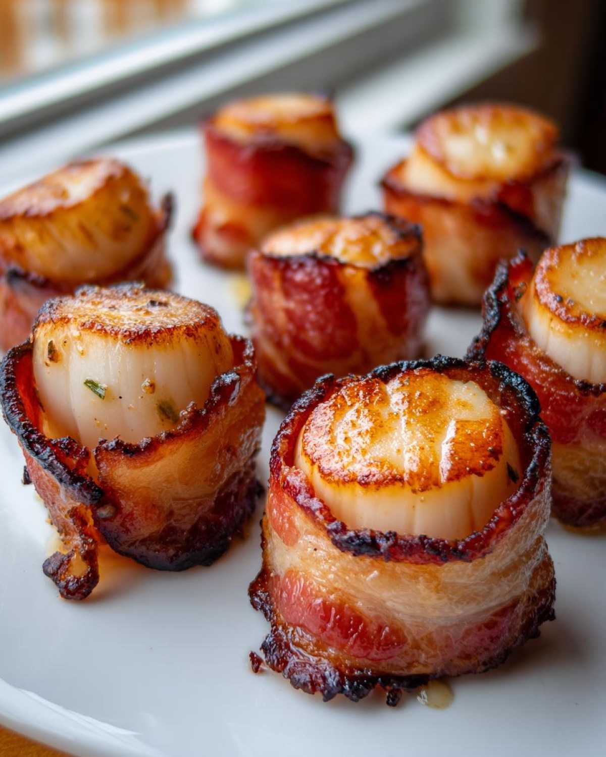 Close-up of several perfectly seared Garlic Herb Bacon Wrapped Scallops arranged on a white plate.