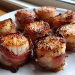 Close-up of seared Garlic Herb Bacon Wrapped Scallops glistening on a white plate.