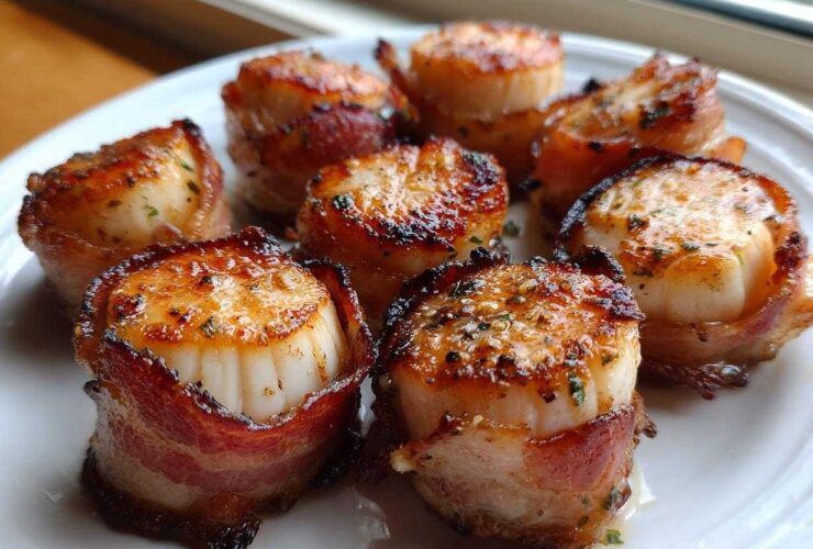 Close-up of seared Garlic Herb Bacon Wrapped Scallops glistening on a white plate.
