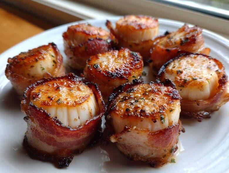 Close-up of seared Garlic Herb Bacon Wrapped Scallops glistening on a white plate.