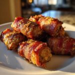 A pile of perfectly cooked Garlic Parmesan Bacon Wrapped Smokies glistening under warm light on a white plate.