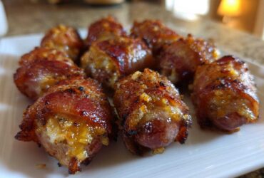Close-up of several crispy, glazed Garlic Parmesan Bacon Wrapped Smokies arranged on a white platter.