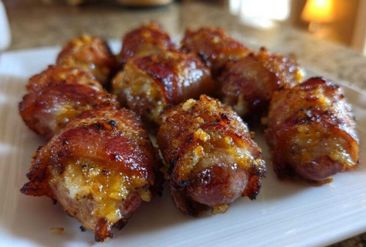 Close-up of several crispy, glazed Garlic Parmesan Bacon Wrapped Smokies arranged on a white platter.
