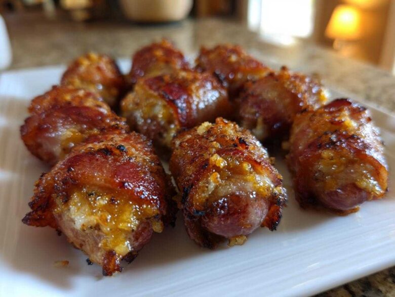 Close-up of several crispy, glazed Garlic Parmesan Bacon Wrapped Smokies arranged on a white platter.