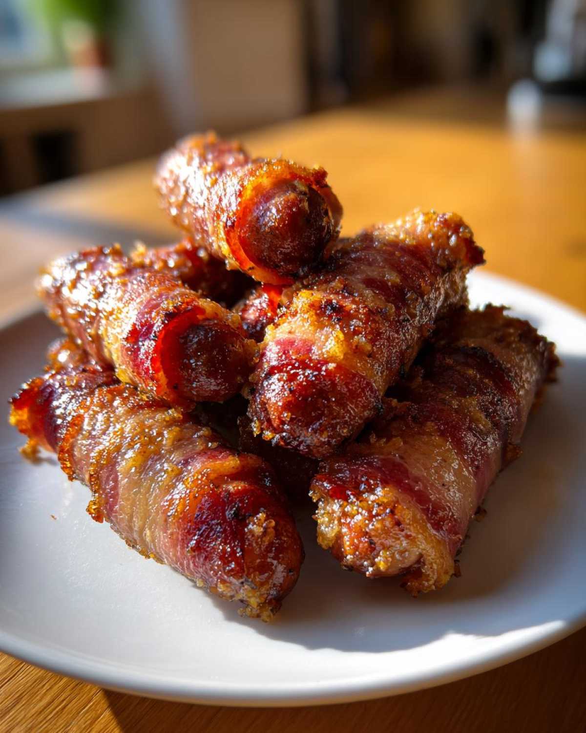 A pile of crispy, glazed Garlic Parmesan Bacon Wrapped Smokies stacked on a white plate.