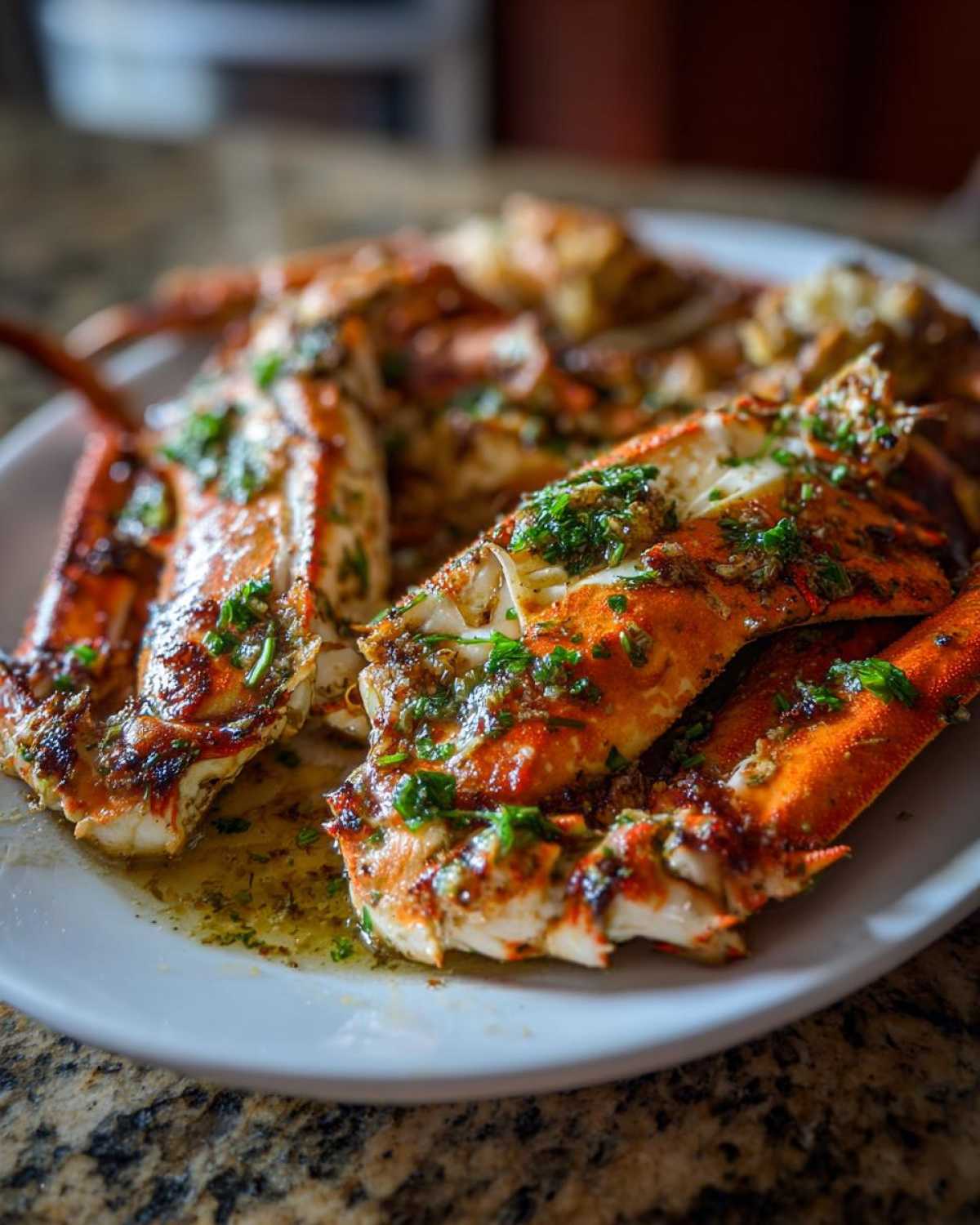 Close-up of cooked crab legs seasoned with garlic and parsley, served in a buttery sauce for Garlic and Parsley Crab Leg Bake.