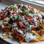 A plate piled high with Greek Chicken Nachos featuring shredded chicken, feta, tomatoes, onions, olives, and tzatziki sauce.